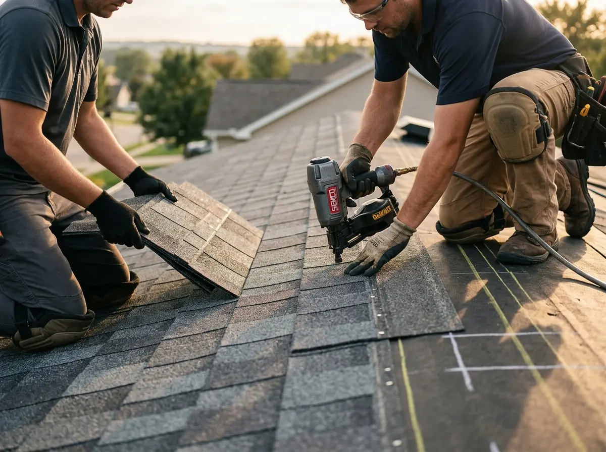 Professional roofer working on a residential roof in Marianna